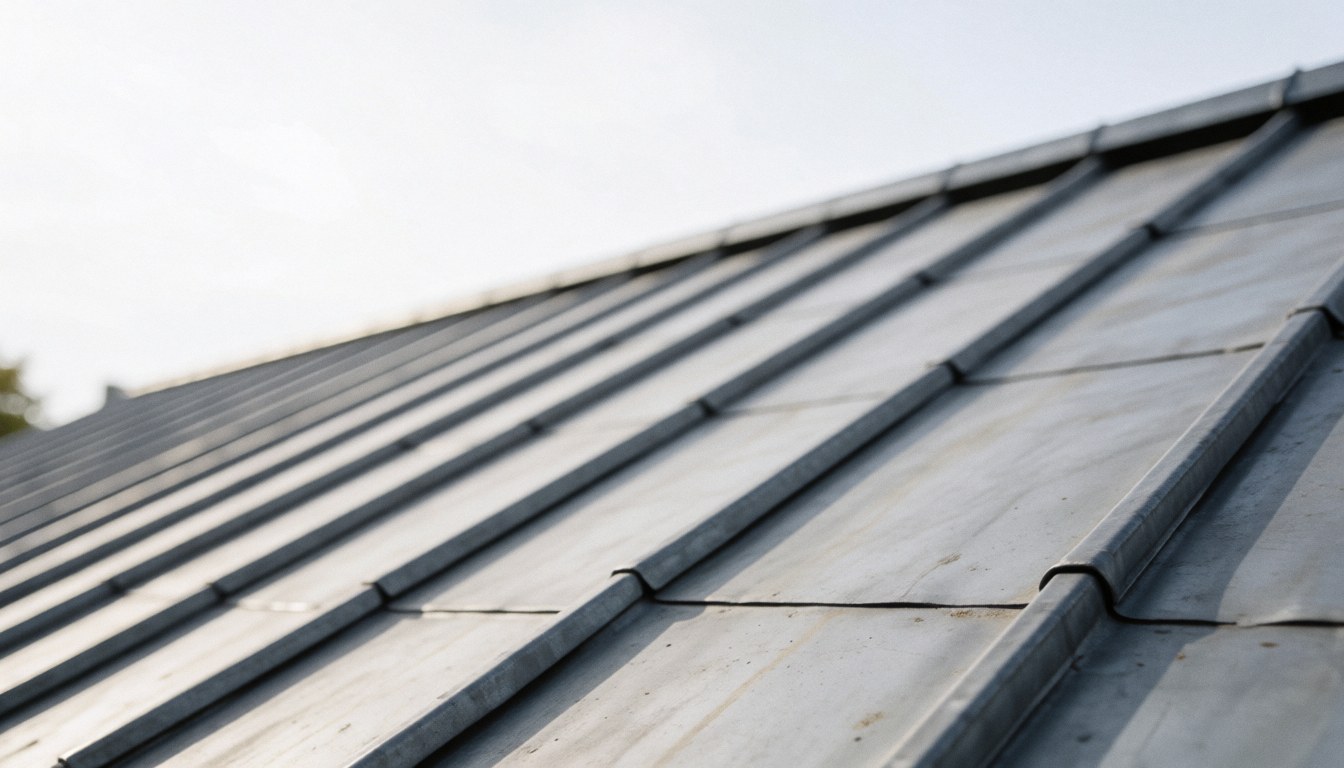 Close-up view of a gray zinc metal roof surface serving as a textured background for business text overlays
