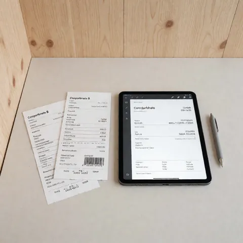 A tablet displaying digital invoices alongside physical receipts and a pen on a wooden office desk for accounting purposes