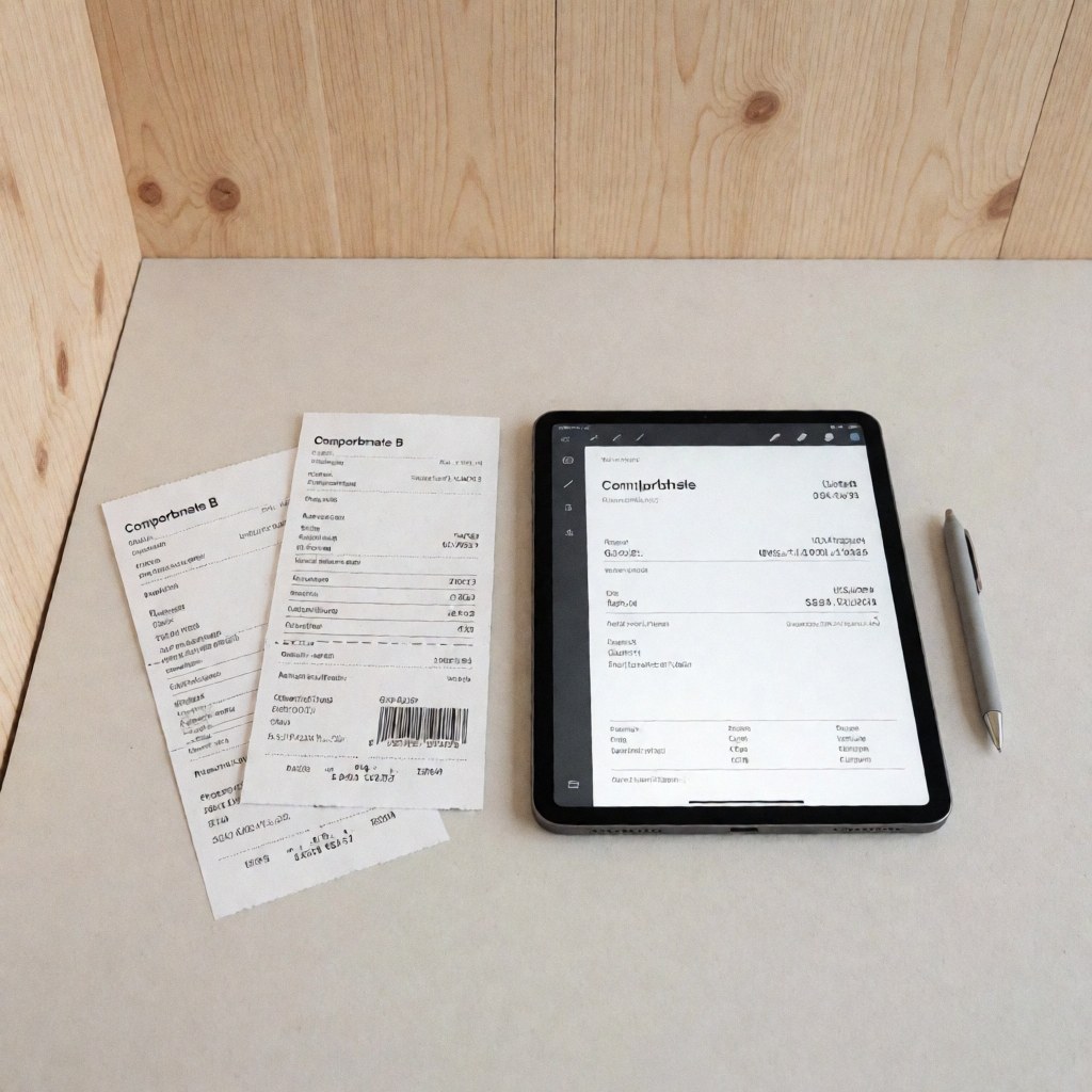 A tablet displaying digital invoices alongside physical receipts and a pen on a wooden office desk for accounting purposes