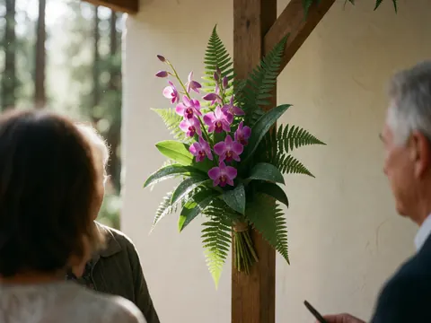 Close-up of purple sierra orchids and green ferns arranged on a rustic wooden post, creating an elegant natural backdrop for a wedding or event decoration.