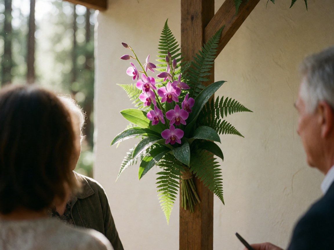 Close-up of purple sierra orchids and green ferns arranged on a rustic wooden post, creating an elegant natural backdrop for a wedding or event decoration.
