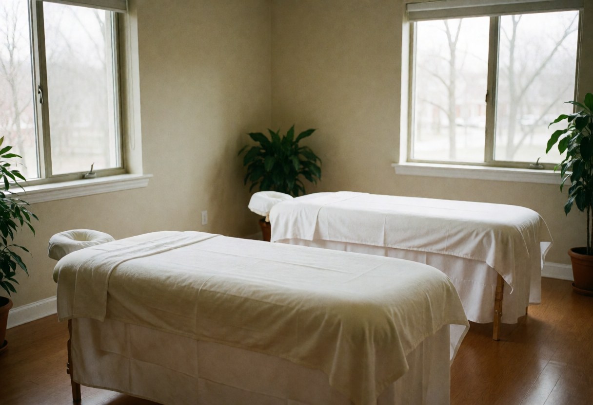 A serene massage room featuring two beds with white linens, green plants, and windows letting in natural light.