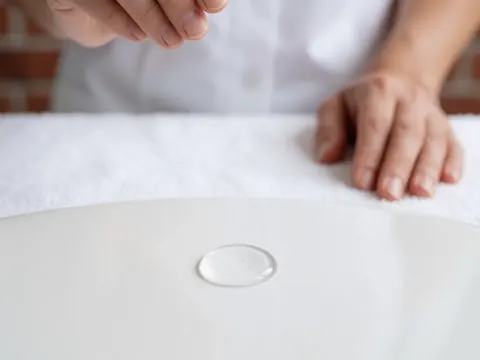 A single drop of clear facial serum resting on a textured ceramic tile, highlighting purity and skincare treatment details for beauty professionals.