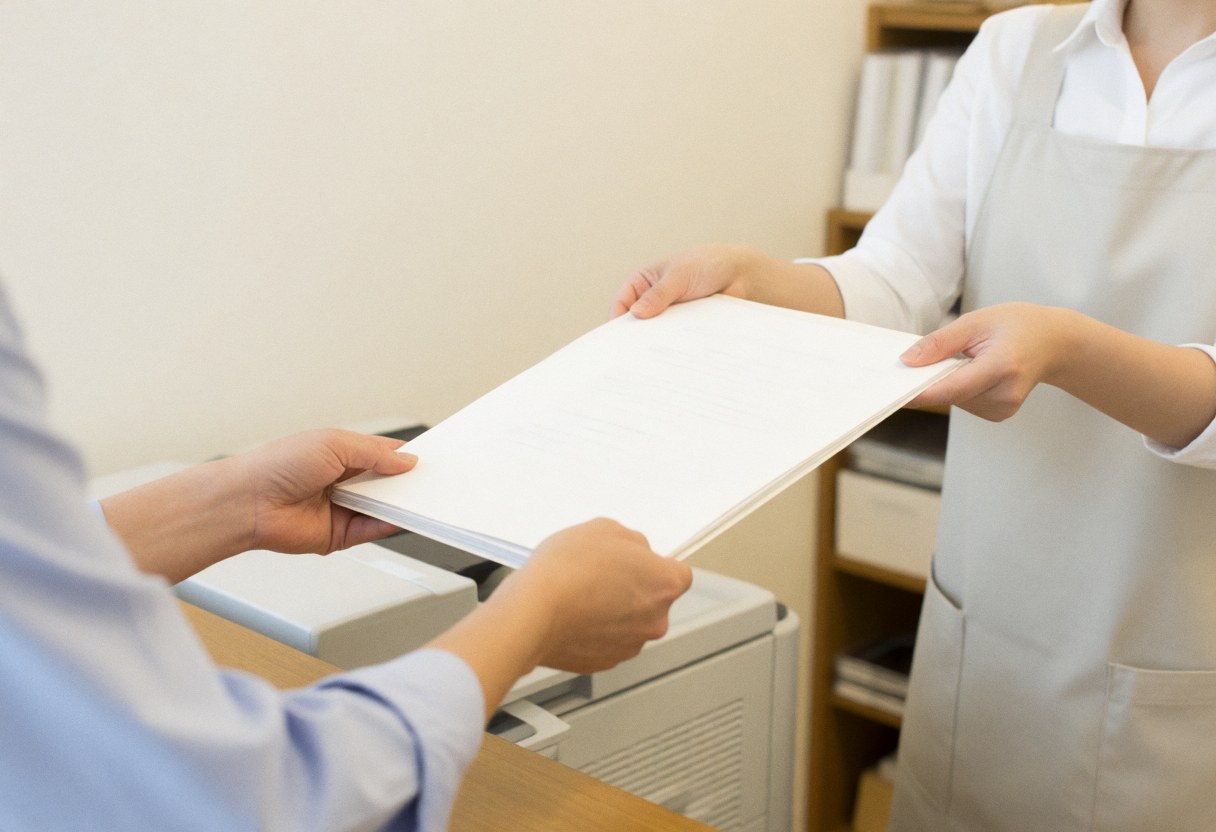 A bookstore employee stands behind the counter handing a folder of documents to a customer during a service interaction.