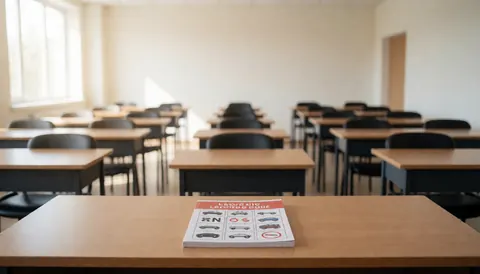 An empty classroom used for driving school theory lessons, featuring rows of desks and chairs with textbooks on the tables for student study