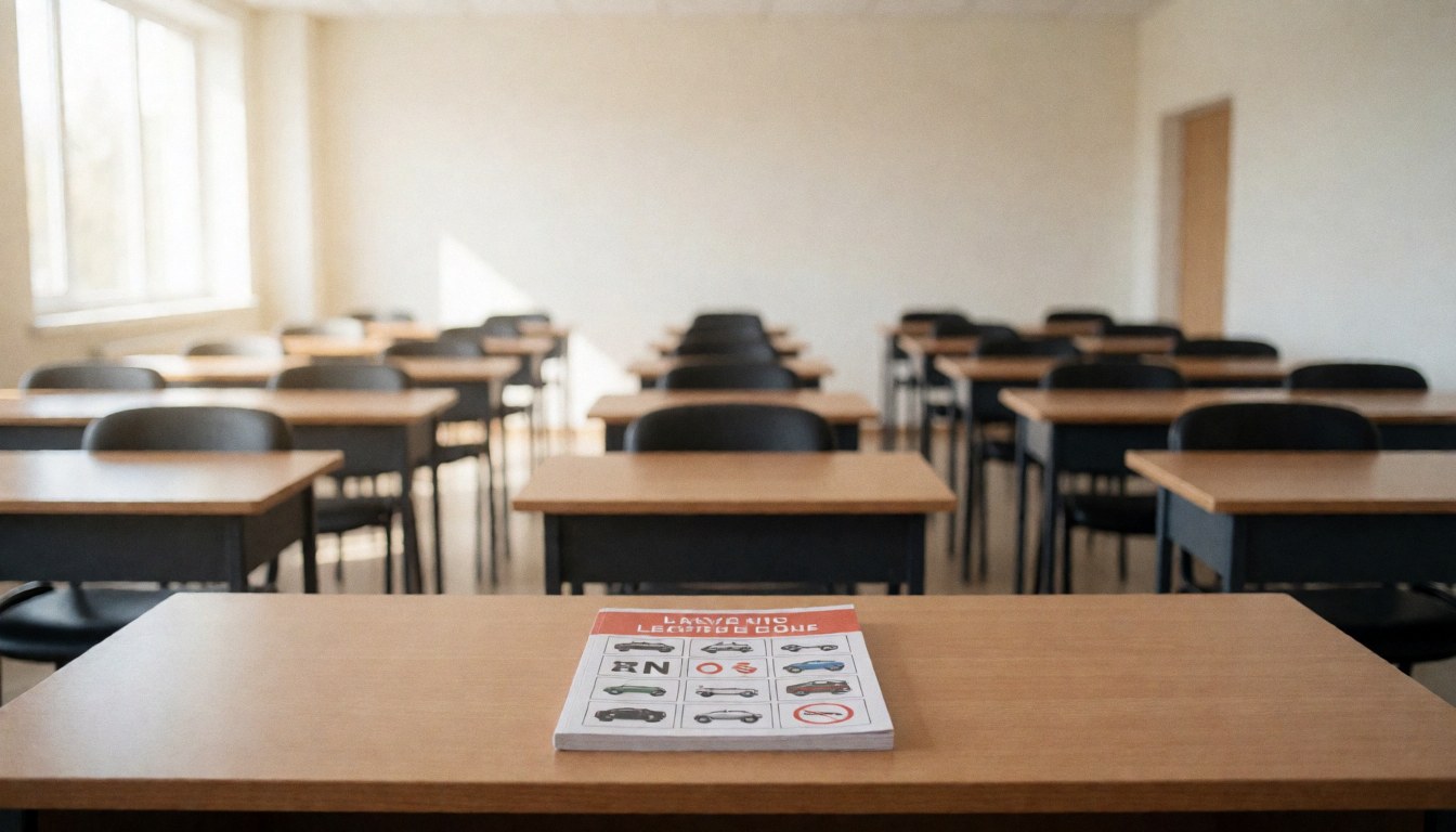 An empty classroom used for driving school theory lessons, featuring rows of desks and chairs with textbooks on the tables for student study