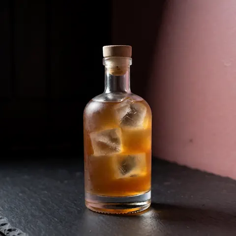 A prepared cocktail drink served in a glass with ice, placed on a dark surface against a pink wall with dramatic lighting and reflections
