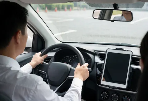 Driving school instructor with hands on the steering wheel and a tablet on the dashboard during a training session with cones in the background