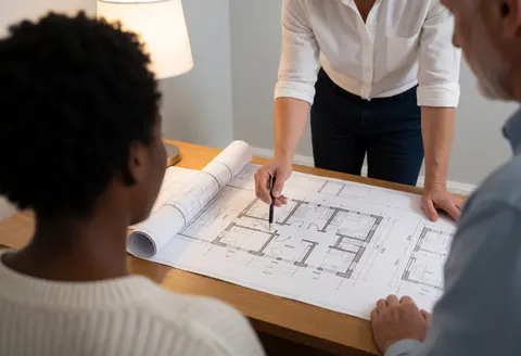 A real estate professional examines architectural house plans on a wooden desk under warm lamp light during a property consultation