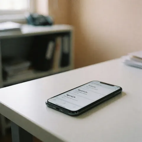 A smartphone screen showing a vocabulary app interface, placed on a wooden desk alongside books and papers in a bright, minimalist study setting.