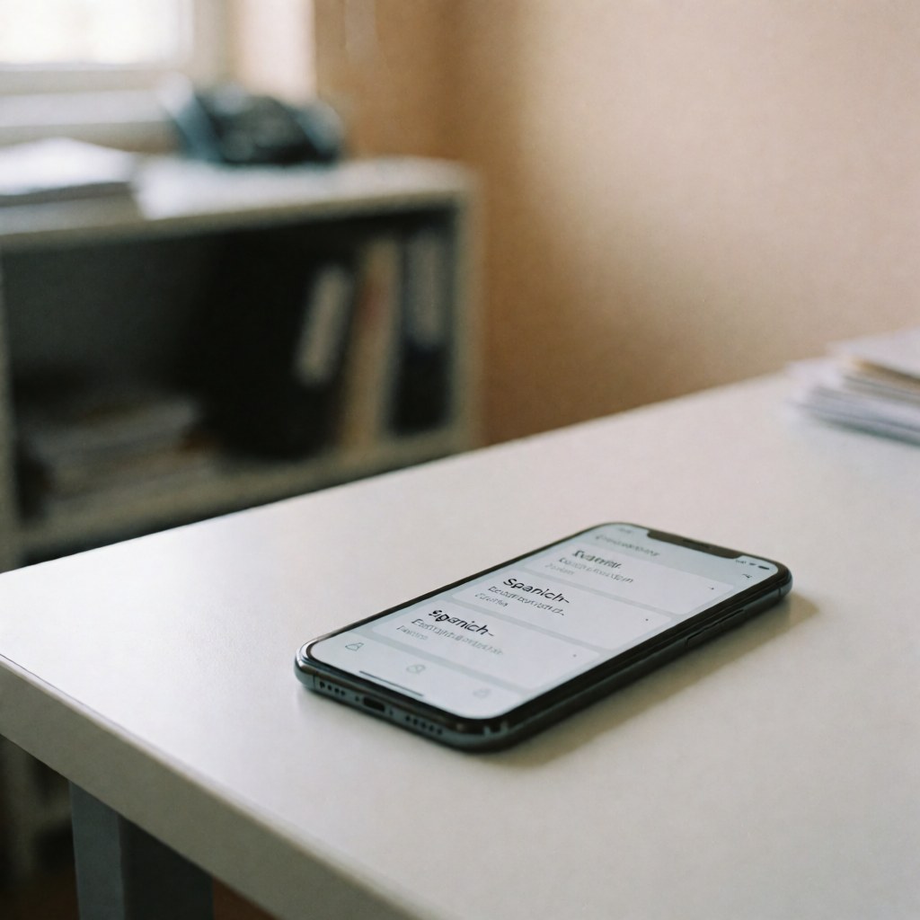 A smartphone screen showing a vocabulary app interface, placed on a wooden desk alongside books and papers in a bright, minimalist study setting.