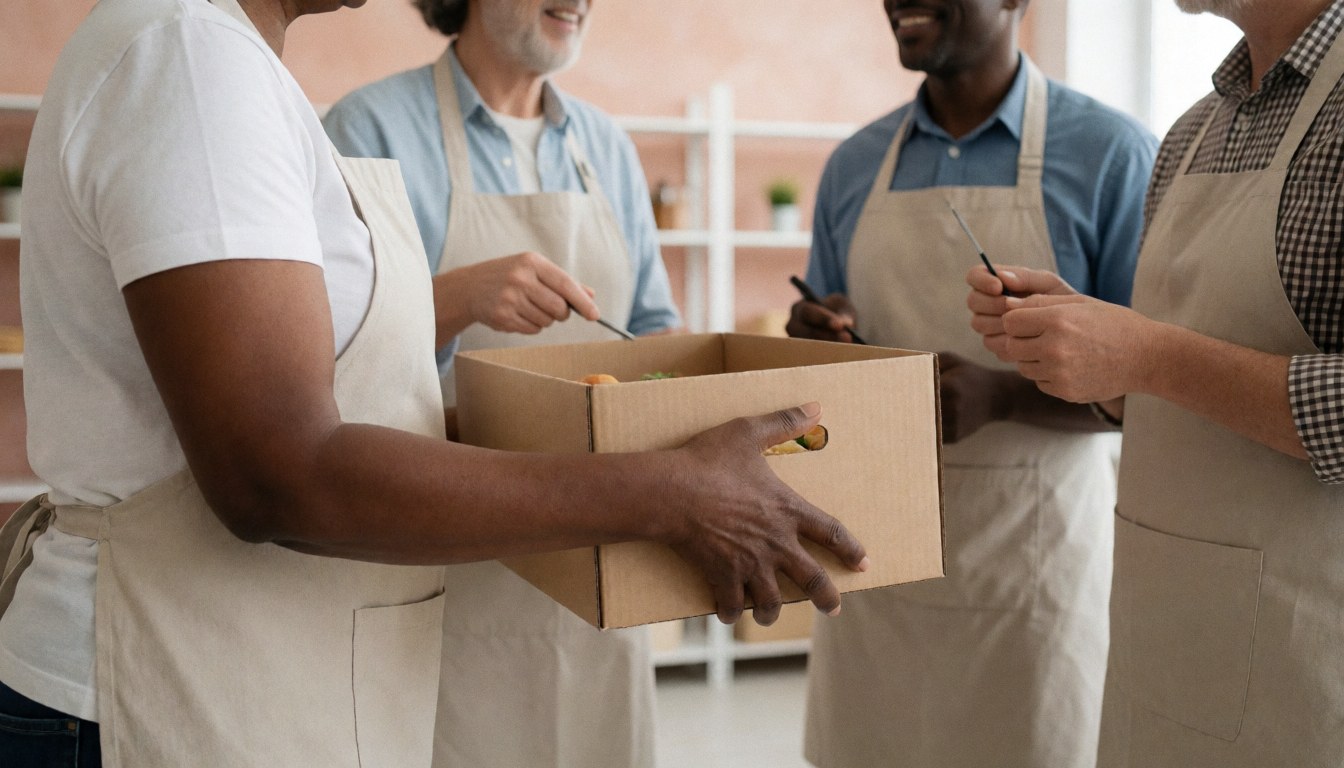 Group of volunteers wearing aprons preparing food boxes with tools and shelves in the background at a community center