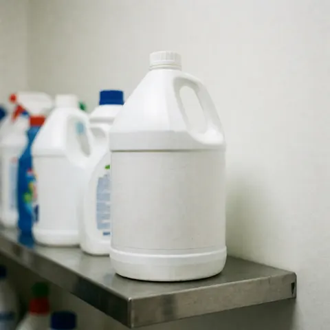 A white plastic bottle of bleach standing upright on a clean metal shelf in a grocery store aisle, used for household cleaning products.