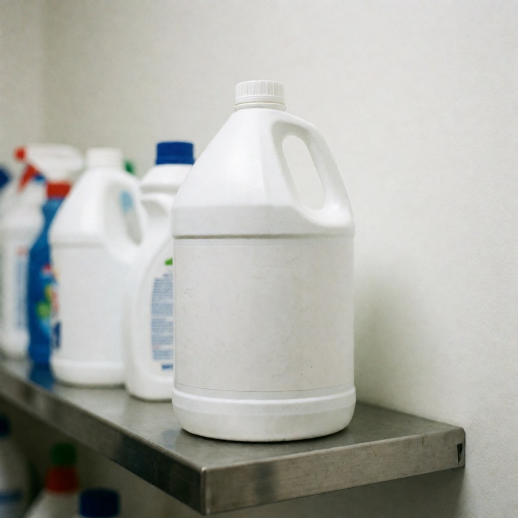 A white plastic bottle of bleach standing upright on a clean metal shelf in a grocery store aisle, used for household cleaning products.