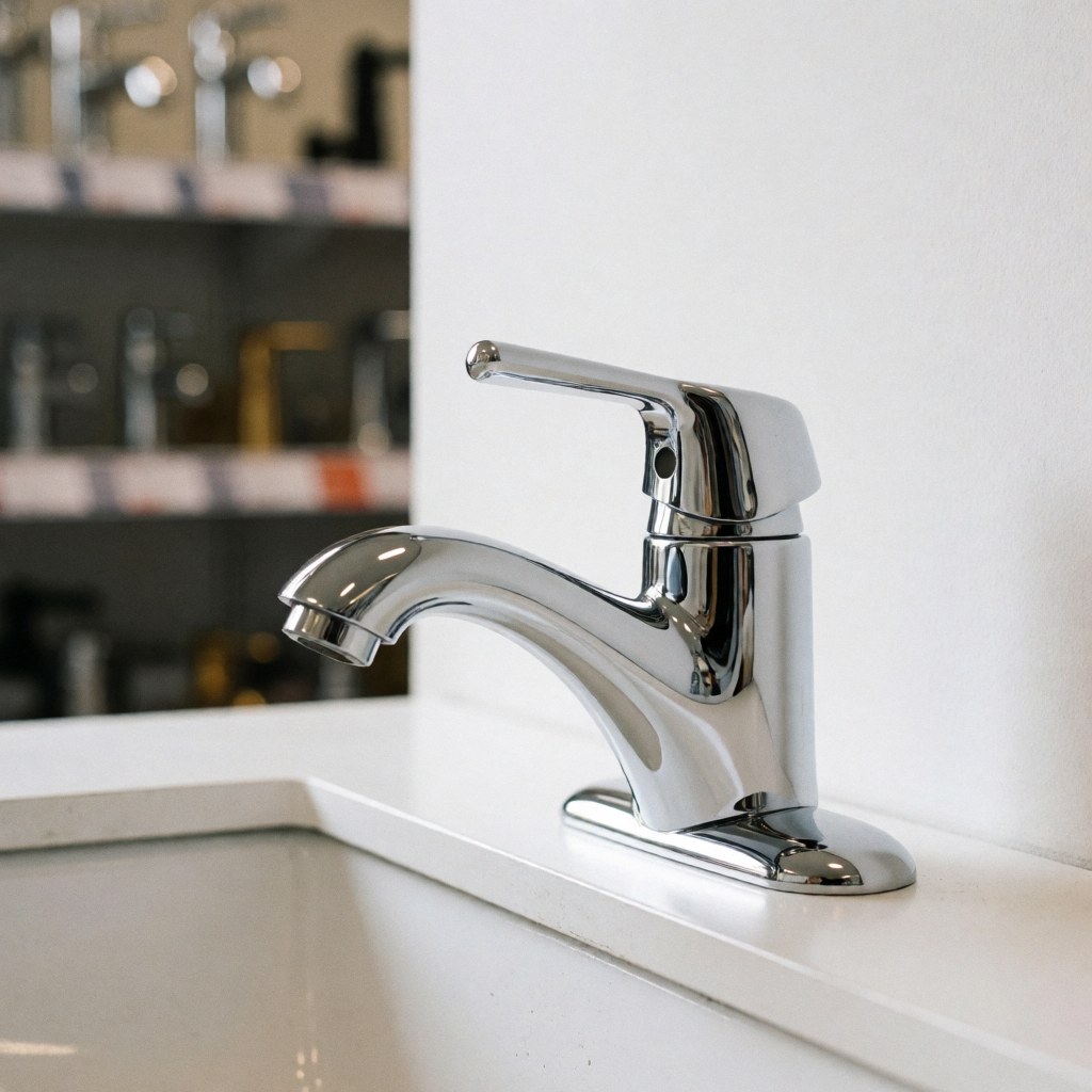 Close-up of a polished chrome faucet mounted on a white ceramic sink in a hardware store setting