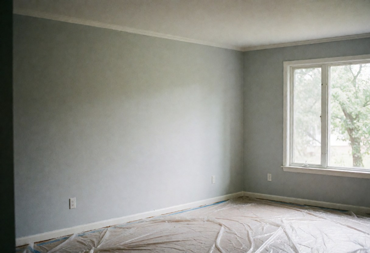 Interior of a gray painted room with natural light coming through a window and floor covered in protective plastic for construction or renovation work