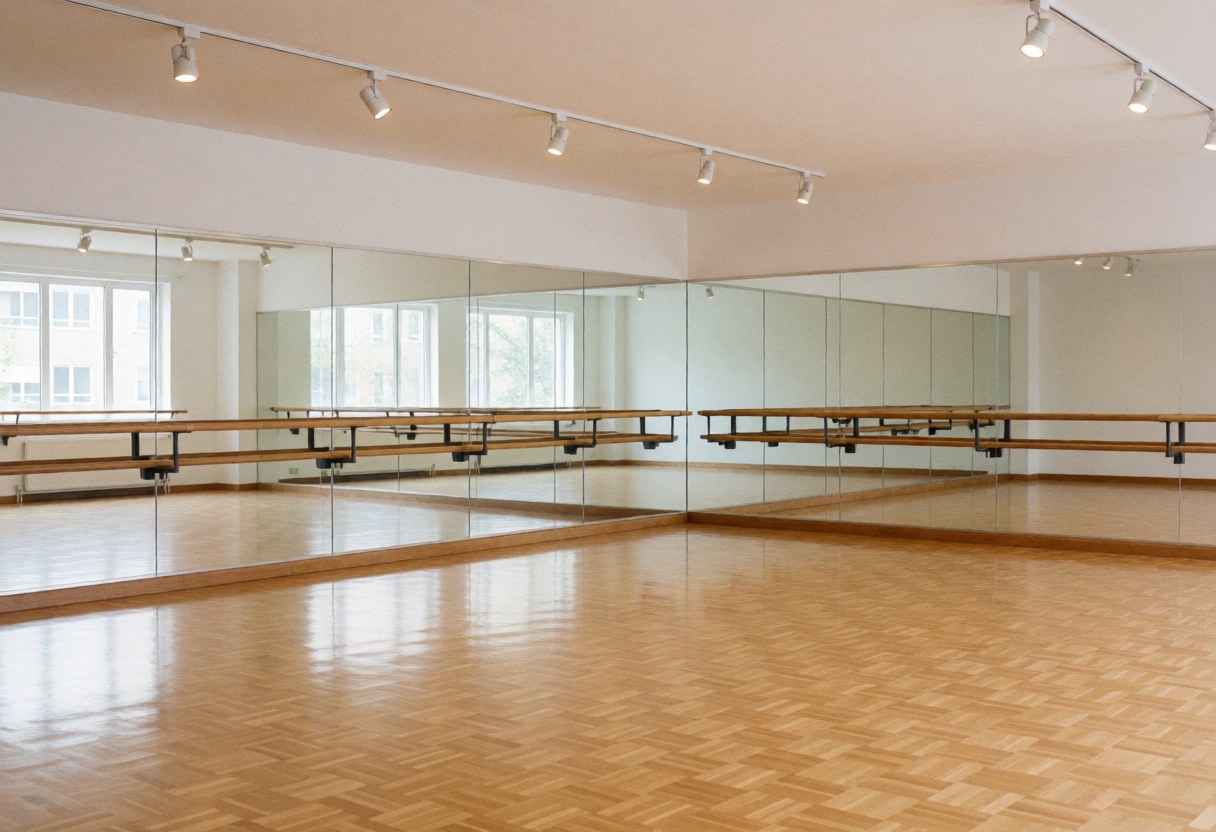 Empty dance studio featuring polished parquet flooring, ballet bars, and mirrors, illuminated by ceiling lights, ready for yoga or pilates classes