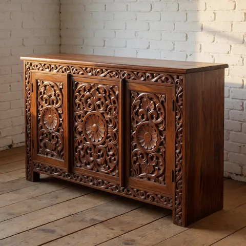 Close-up of a hand-carved teak wood furniture piece featuring intricate floral patterns, placed on a wooden floor with natural light and a white brick wall in the background