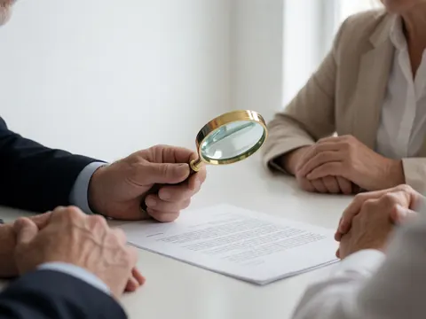 A close-up view of hands holding a magnifying glass over a signed legal contract on a desk, highlighting attention to detail in business documentation