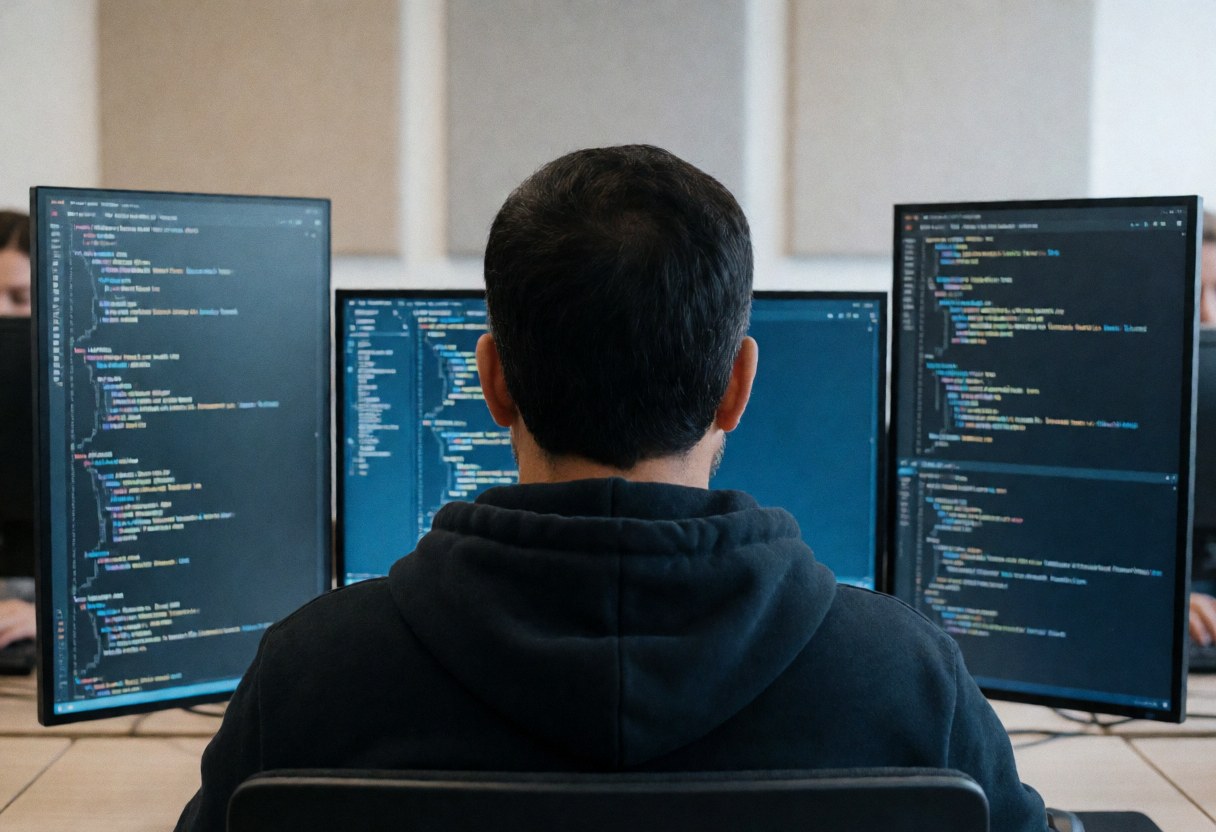 A software developer works on code across three monitors in a modern office with acoustic panels, showing a focused professional environment.