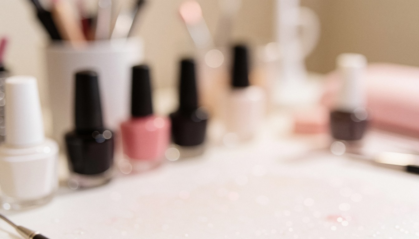 Soft blurred background featuring nail polish bottles, brushes, and manicure tools in warm tones for text overlay