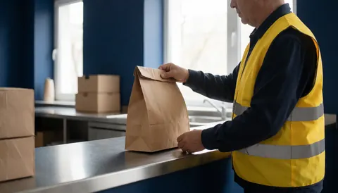 A delivery worker wearing a yellow vest picks up a food package from a metal counter with a blurred kitchen background and blue walls.