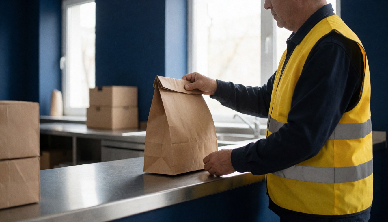 A delivery worker wearing a yellow vest picks up a food package from a metal counter with a blurred kitchen background and blue walls.