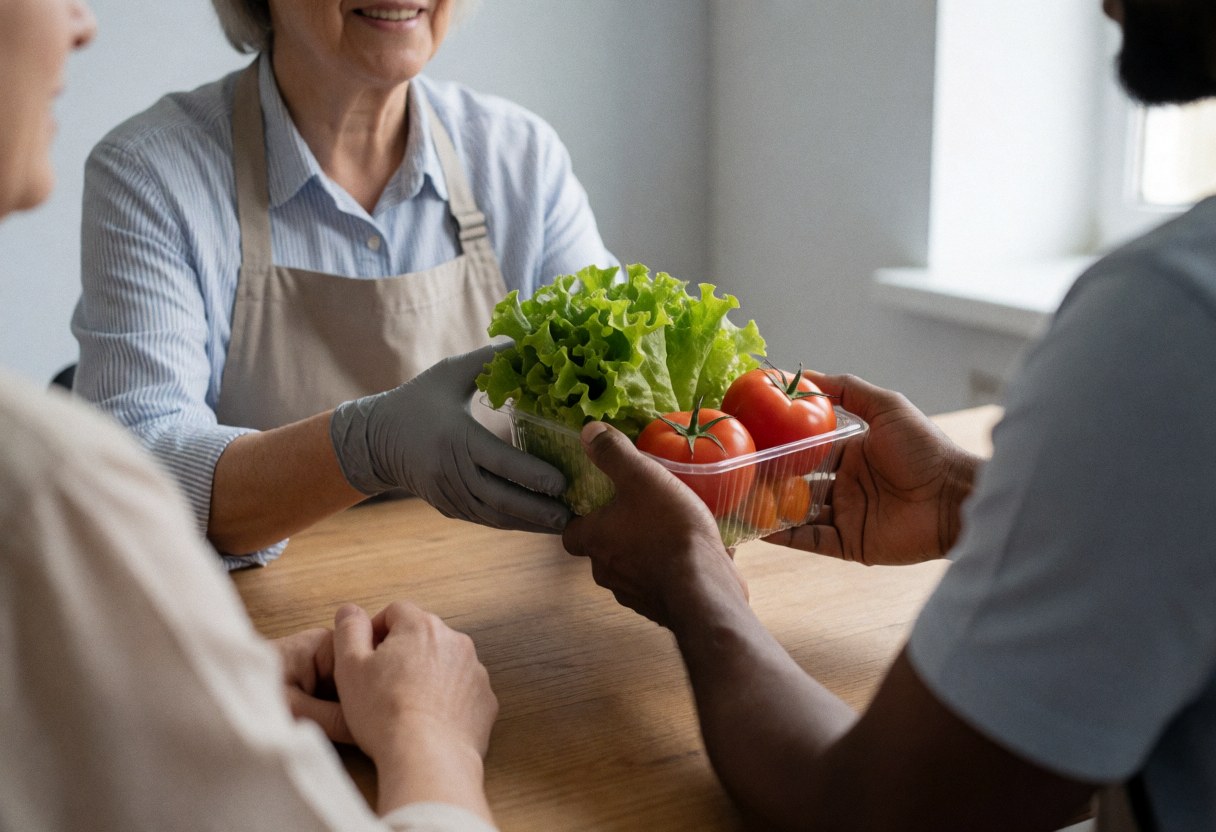 Two people exchange a container of lettuce and tomatoes on a wooden table in a natural light community setting.