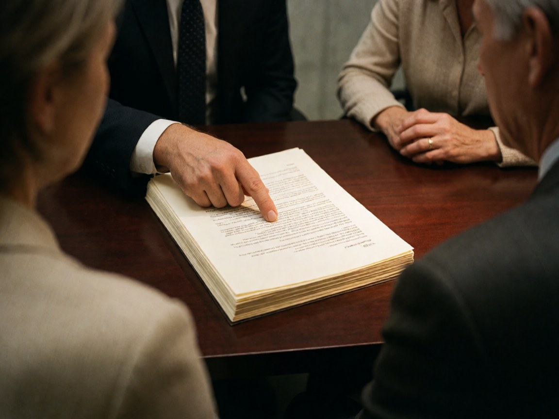 Financial advisor pointing to text on a legal document on a wooden table during a business meeting with clients