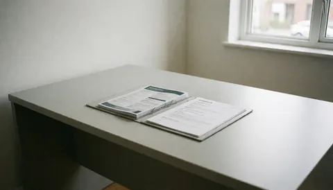 Modern office desk featuring an open recruitment portfolio, natural light from a window, and a minimalist professional atmosphere for human resources.