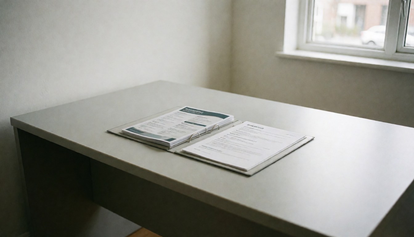 Modern office desk featuring an open recruitment portfolio, natural light from a window, and a minimalist professional atmosphere for human resources.