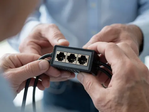 Close-up of technician hands connecting cables to a PoE injector, showing RJ45 ports and metal contacts for network security installations.