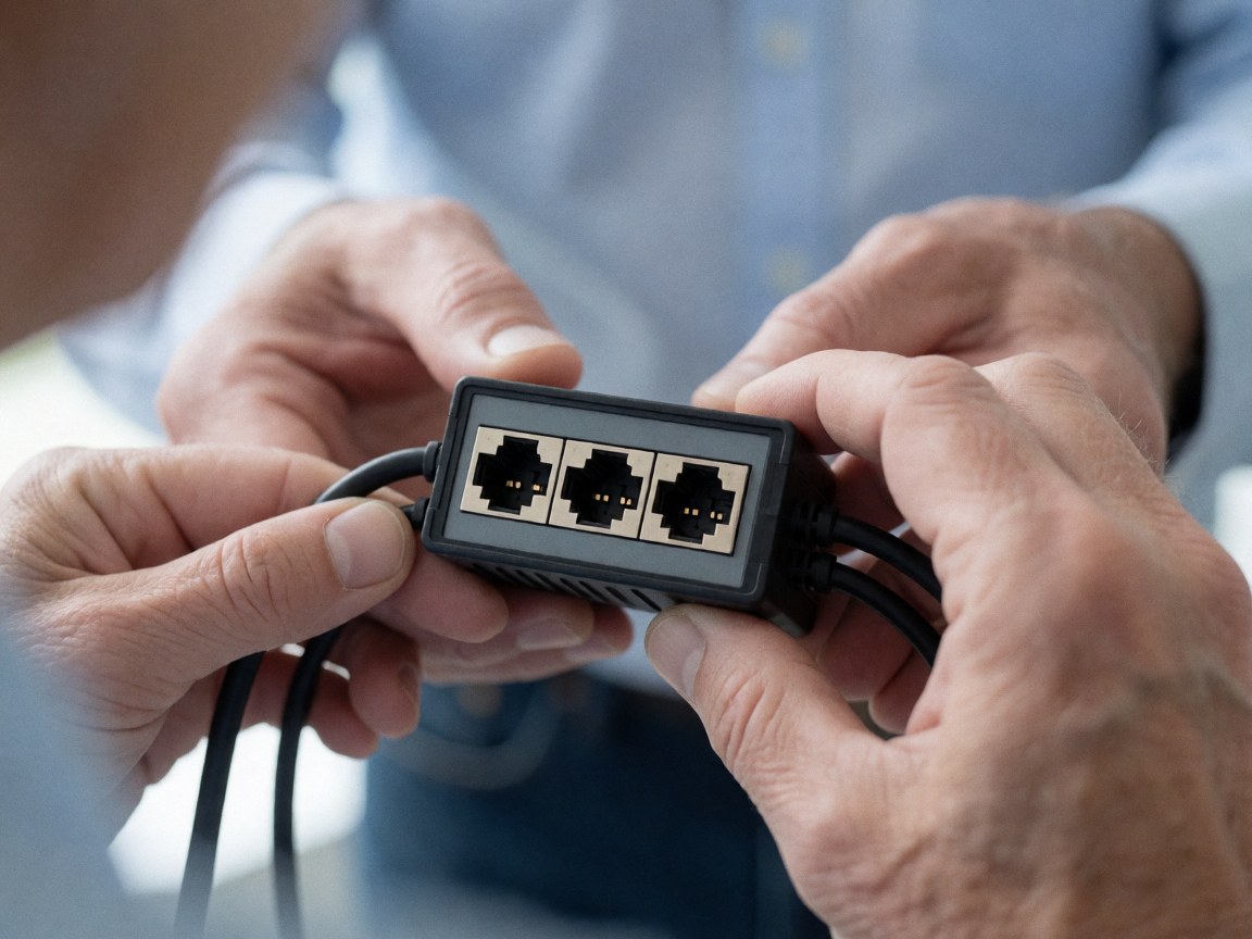 Close-up of technician hands connecting cables to a PoE injector, showing RJ45 ports and metal contacts for network security installations.