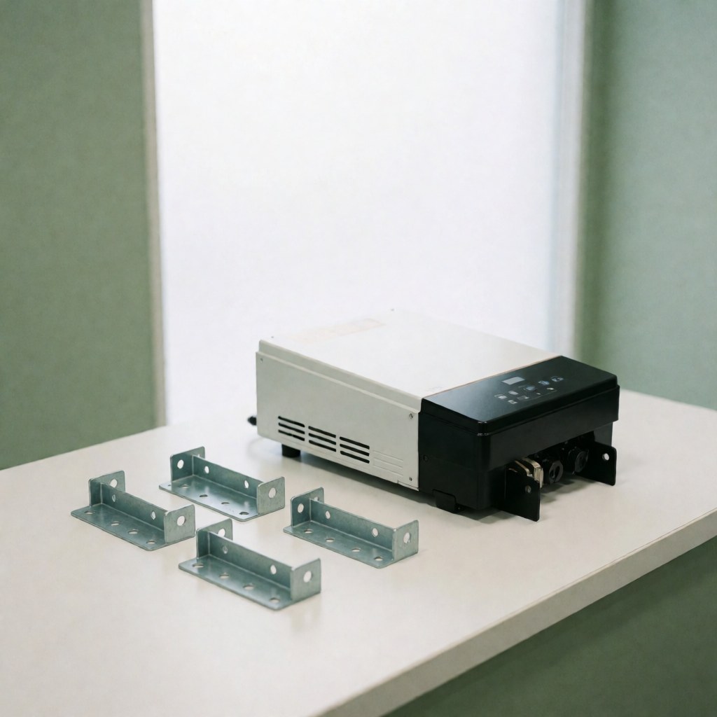 Modern solar inverter mounted on metal brackets resting on a white table against a pale green background, showcasing professional solar installation equipment.