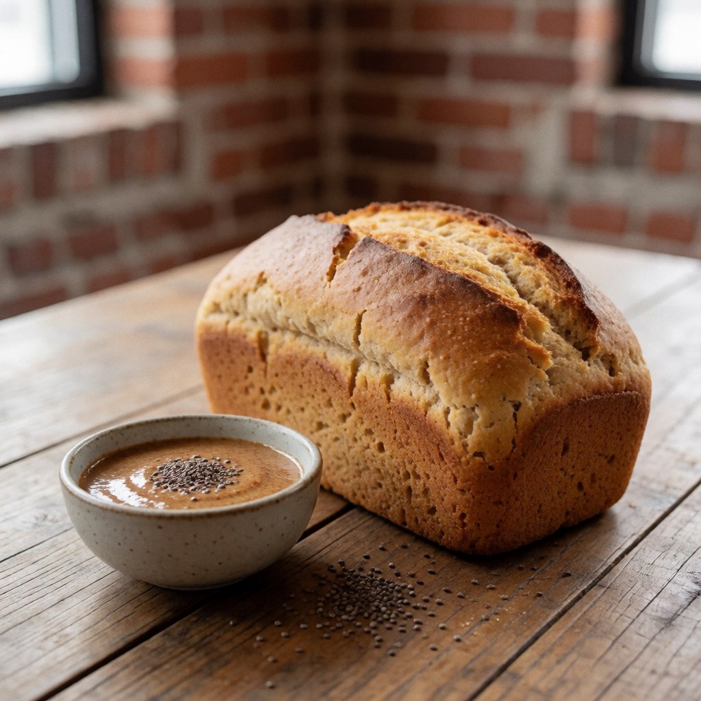 Slice of whole grain bread topped with almond butter and chia seeds on a wooden table with a brick wall background and natural light