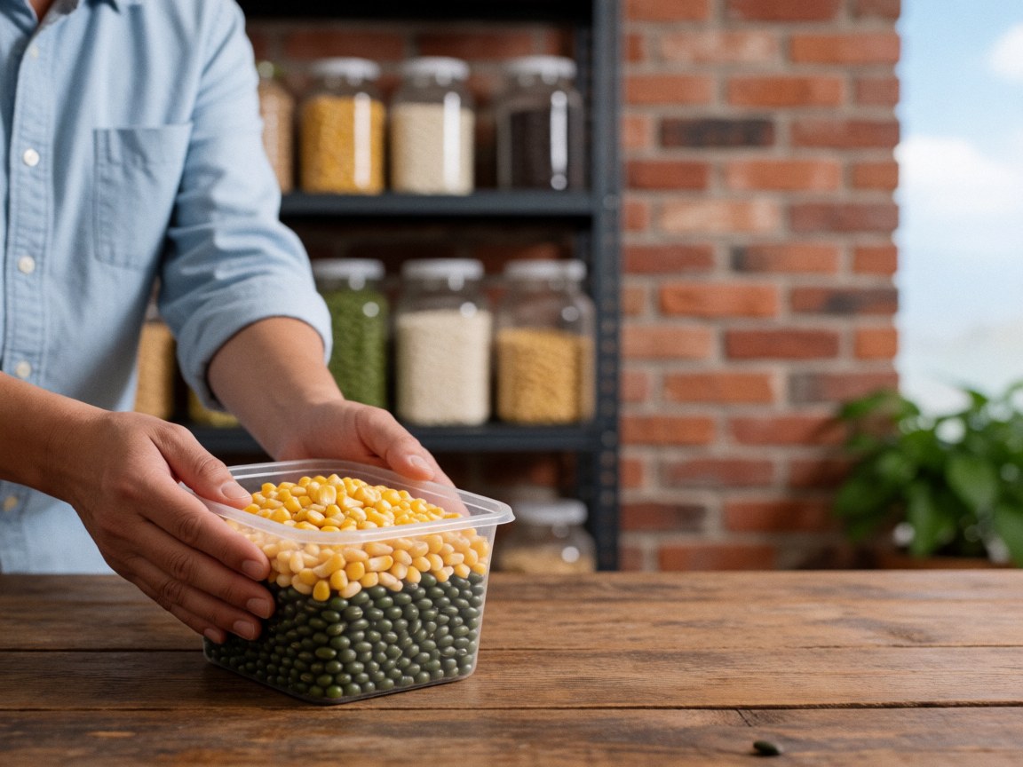 Hands holding a container of yellow corn and green peas on a wooden table with blurred grain shelves and brick wall background