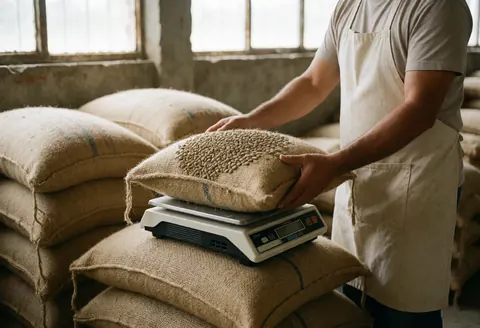 Worker weighing green coffee sacks with digital scale in clean warehouse with natural light and stacked burlap bags