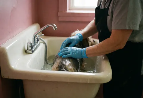 A groomer wearing gloves carefully rinses a wet, fluffy dog in a ceramic sink with running water against a pink wall