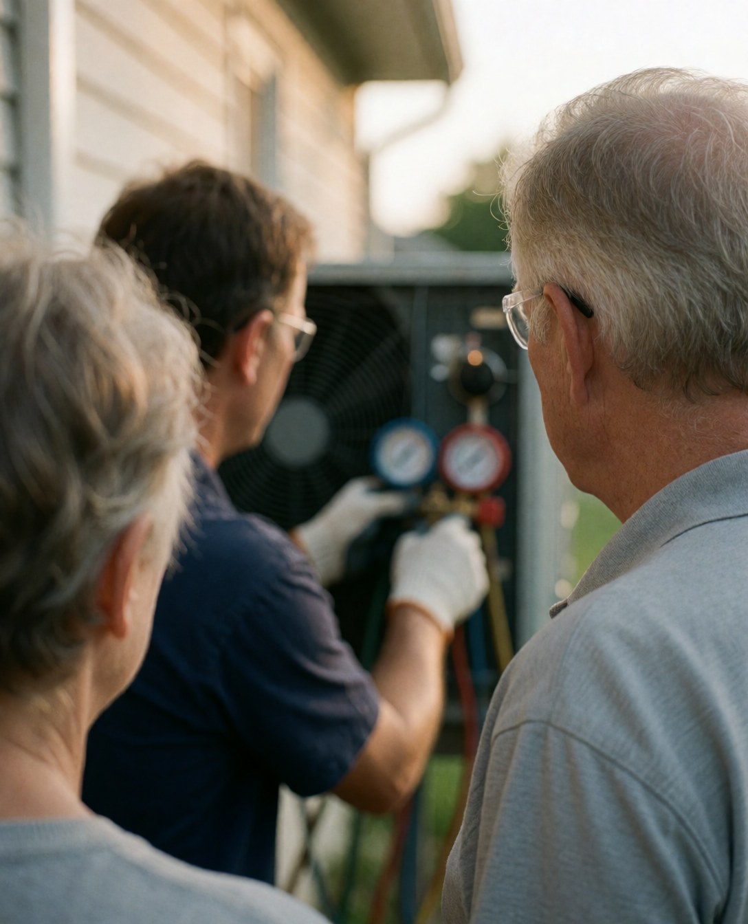 Technician in safety gear adjusting gauges on outdoor AC unit while two happy customers observe the repair work.