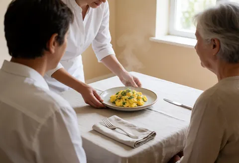 A server presents a steaming plate of scrambled eggs with herbs to two customers seated at a table set with a tablecloth and cutlery near a window with natural light.