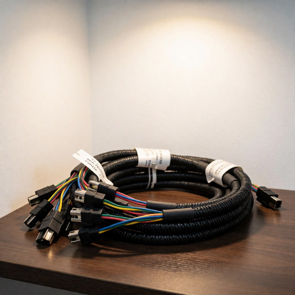 Close-up of automotive electrical wiring featuring metal connectors and black insulation labels arranged on a dark wooden surface against a white background with warm lighting.
