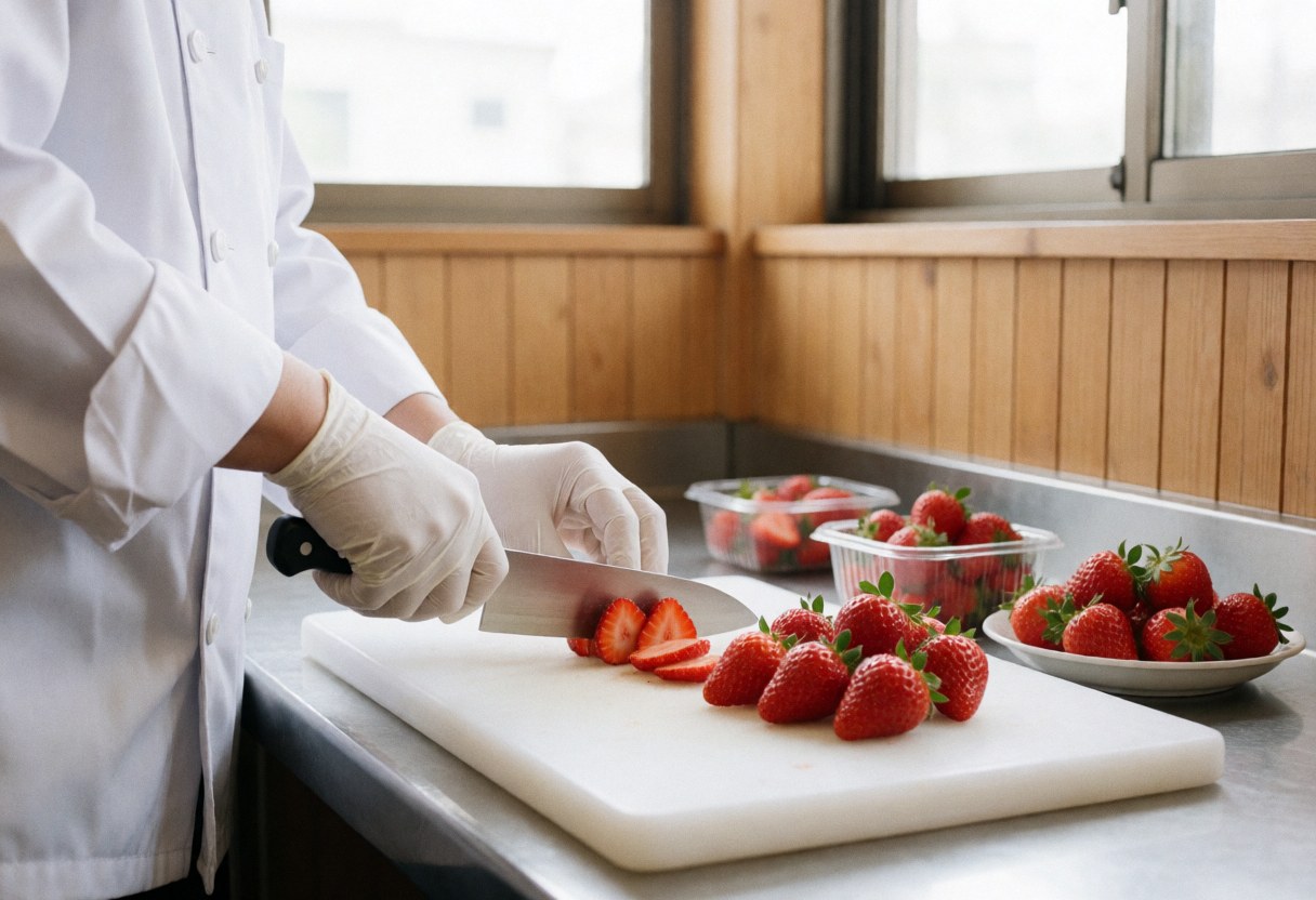 Fresh strawberries being sliced on a cutting board for catering preparation