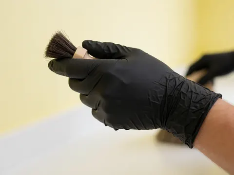 Close-up of a hand wearing a black protective glove holding a cleaning brush against a light yellow background, highlighting professional cleaning tools and services.
