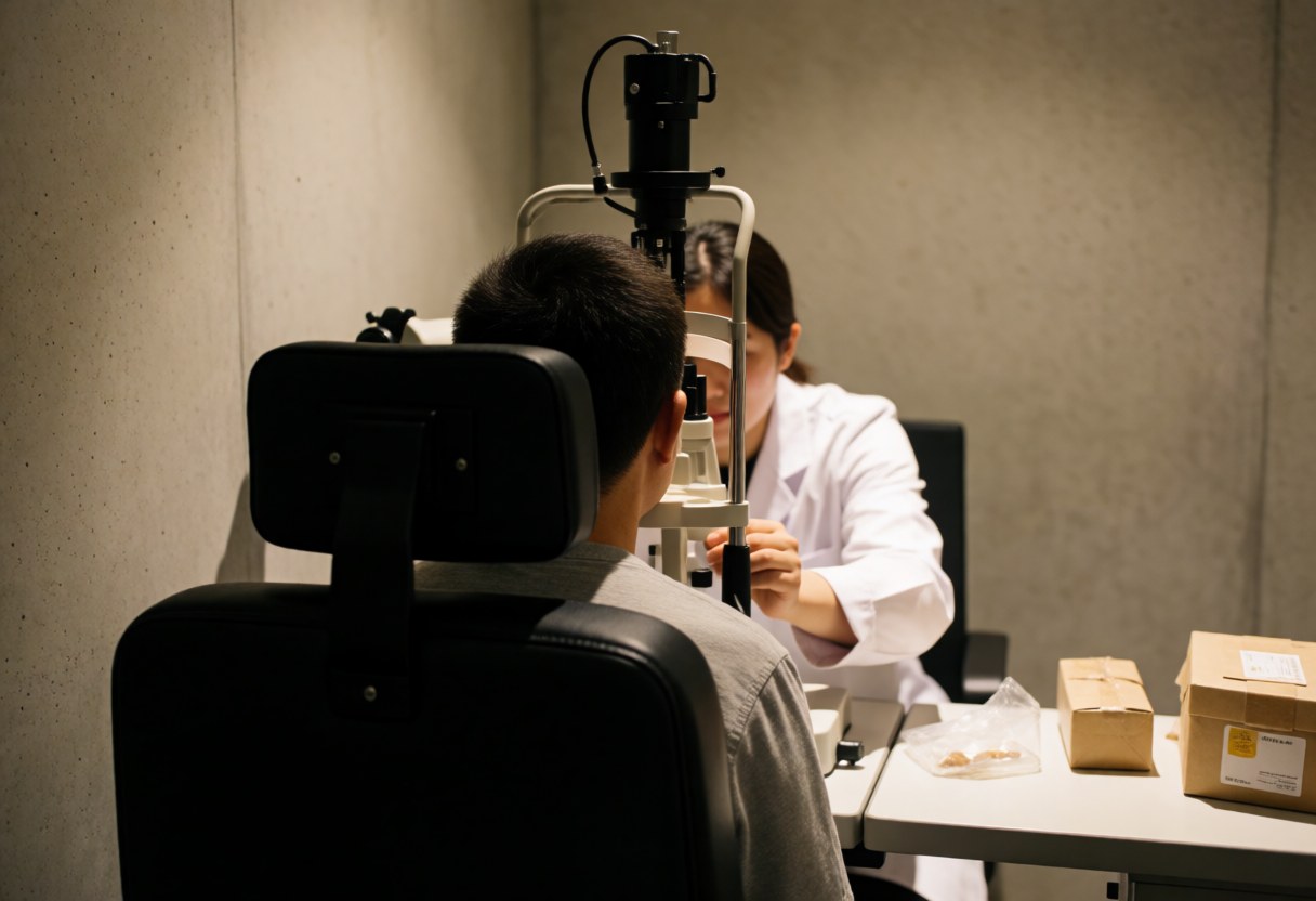 An optometrist performs a professional eye exam on a patient seated in a chair using specialized optical equipment in a clinical setting