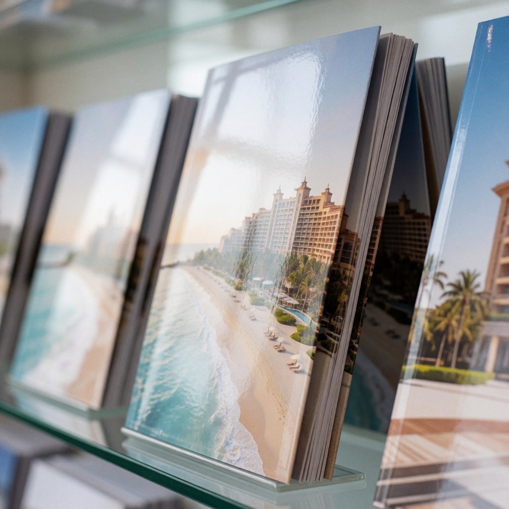 A luxury hotel brochure resting on a glass surface near a beach scene with palm trees and blue water