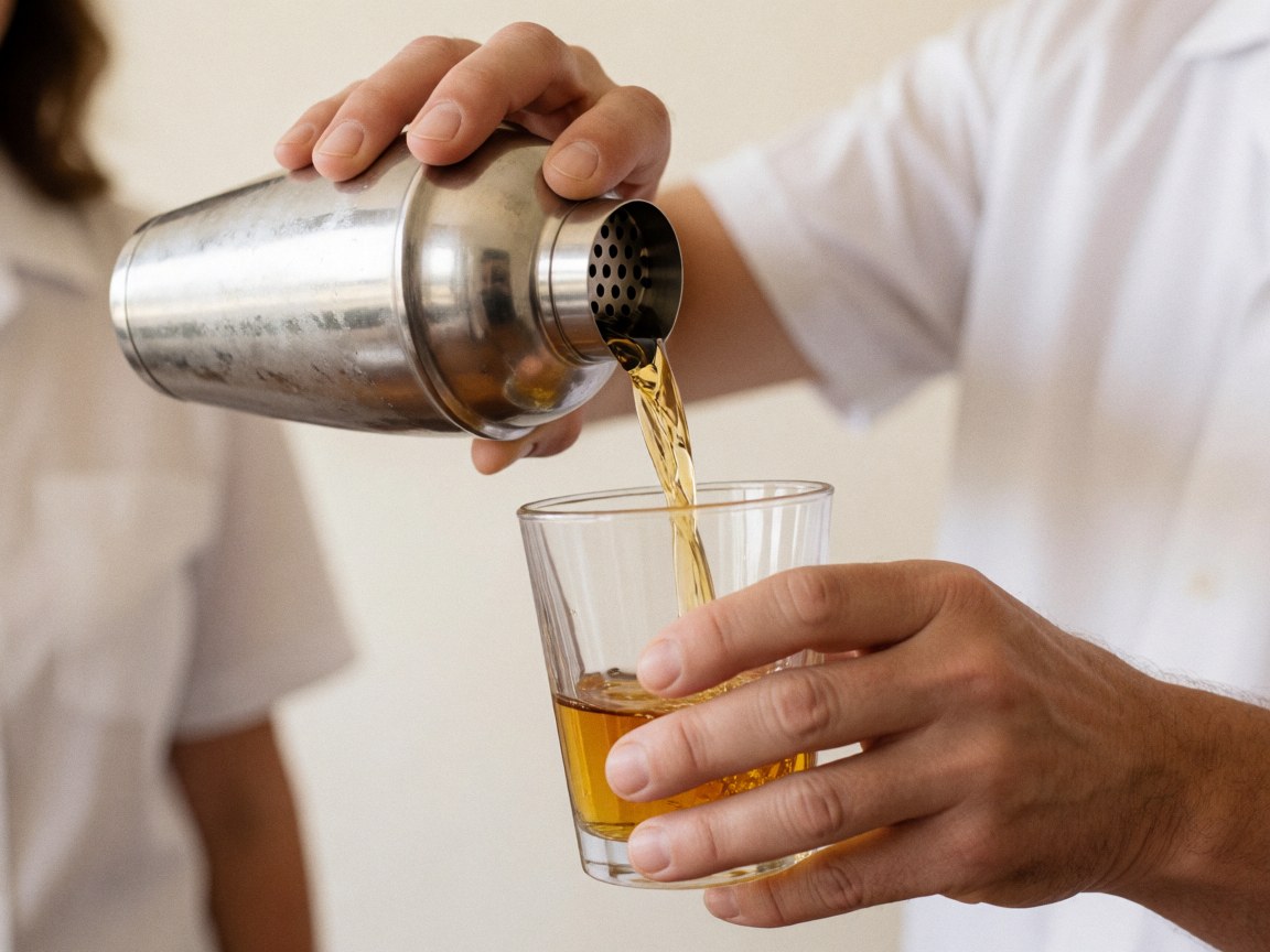 Close-up of a bartender pouring liquor from a shaker into a glass against a neutral background in a hotel bar setting