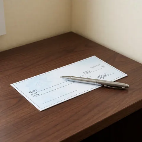 A white bank check with a silver pen resting on a dark wooden desk surface, suitable for accounting and finance business contexts