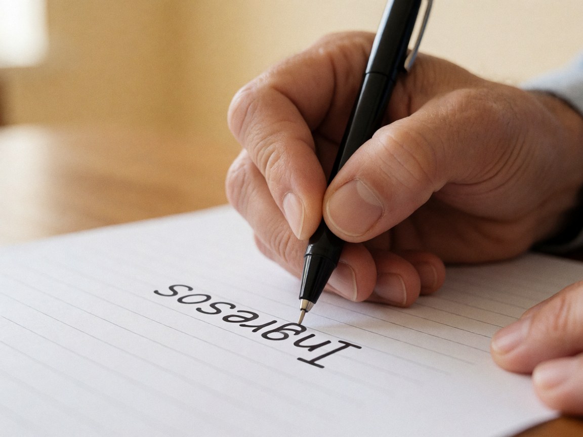 Adult hand writing the word income on graph paper with a black pen on a warm wooden desk in natural light