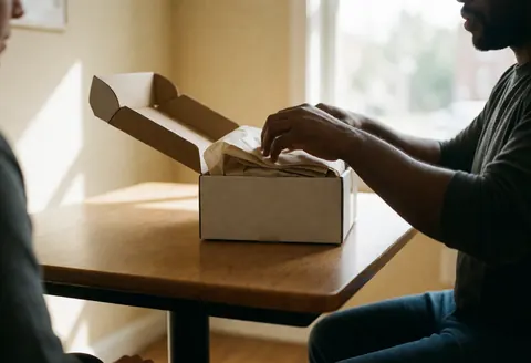 A person opens a wooden shipping box on a table near a window, revealing tissue paper inside, illustrating an online store delivery service in action