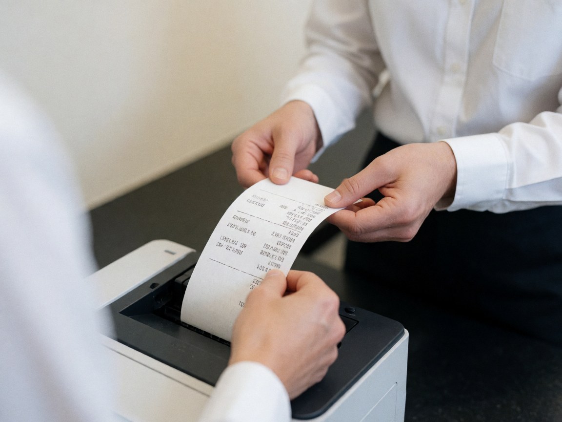 Close-up view of a printed thermal receipt held in a hand, showing transaction details against a dark background with white wall and clothing elements.